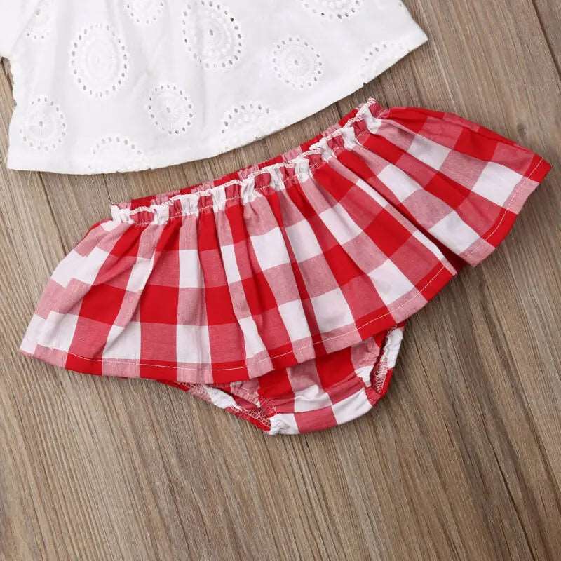 Adorable Baby Dress Set: Off Shoulder Lace Tops & Red Plaid Shorts