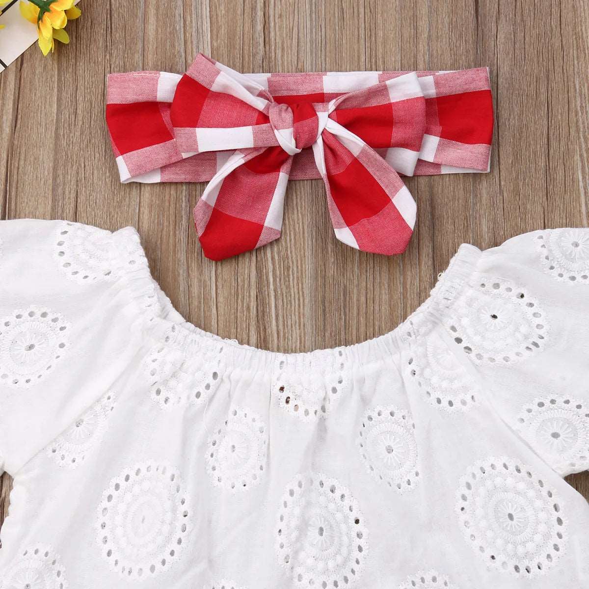 Adorable Baby Dress Set: Off Shoulder Lace Tops & Red Plaid Shorts