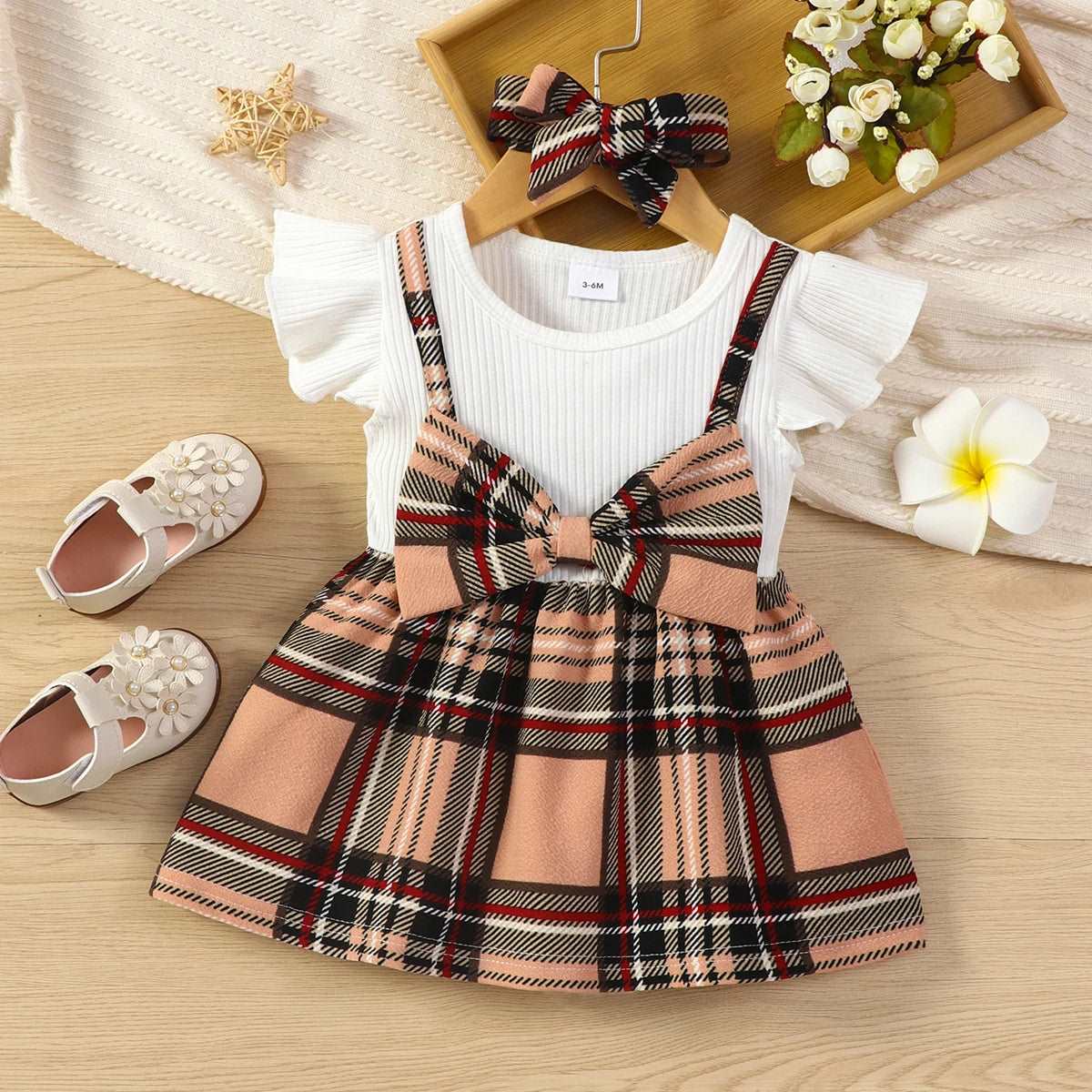 Children's ribbed flutter sleeve checkered bow dress - For all baby