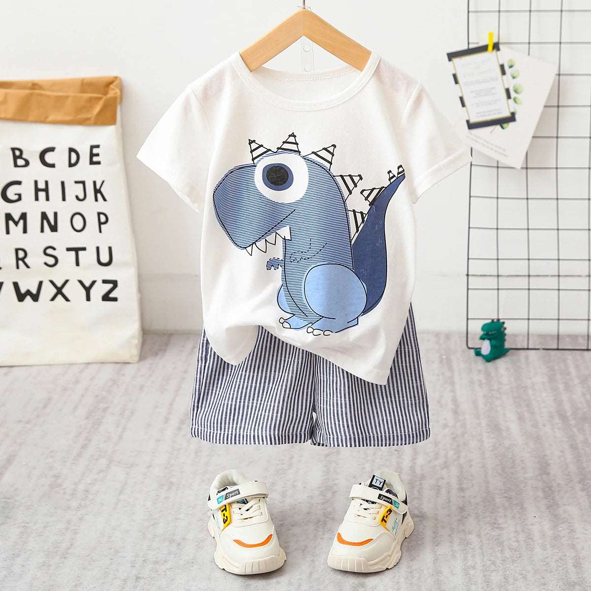 Baby Boy Cartoon Dinosaur Print Short-sleeve T-shirt and Pinstriped Shorts Set - For all baby