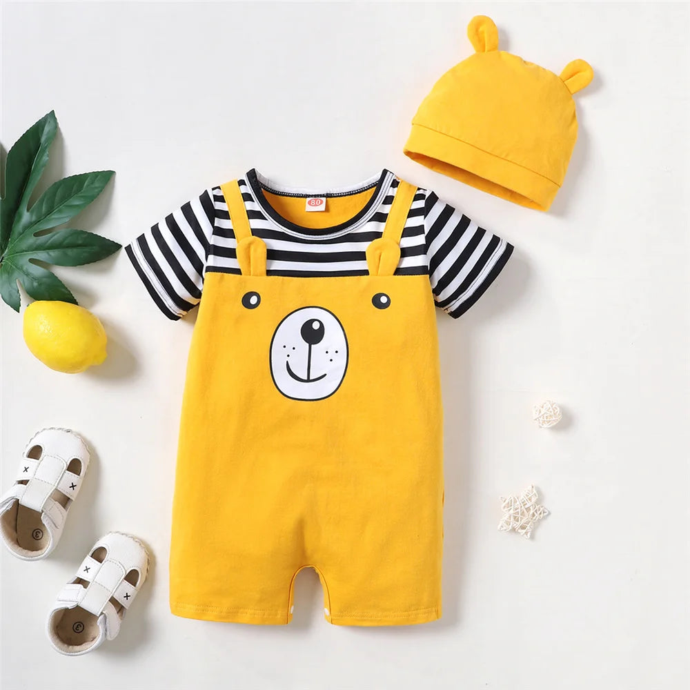 Newborn Baby Boy Bodysuit: Adorable Bear Print & Striped Design