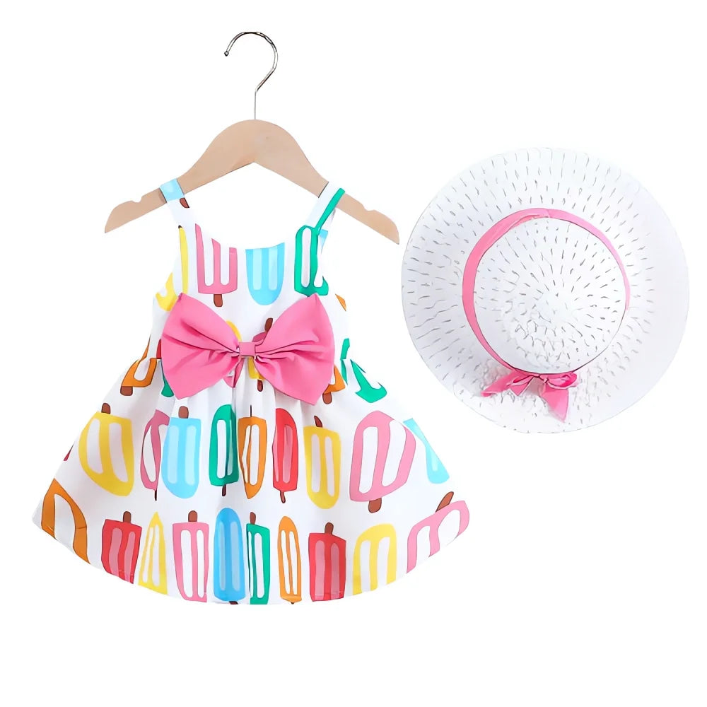 Baby Dress and Hat Combo Set with Bow Decoration and All-Over Print