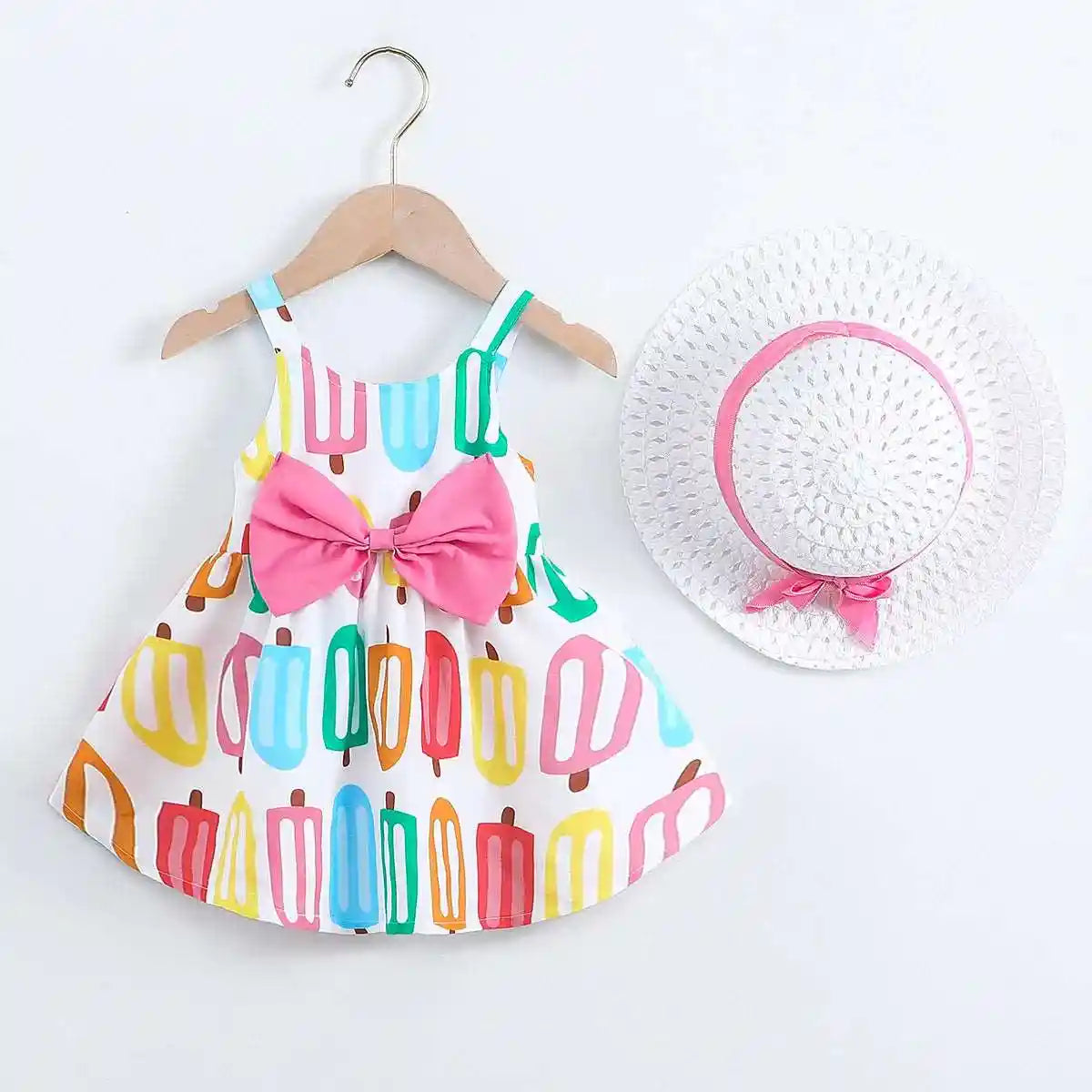 Baby Girl Bow Decor Allover Print Slip Dress and Hat Set - For all baby