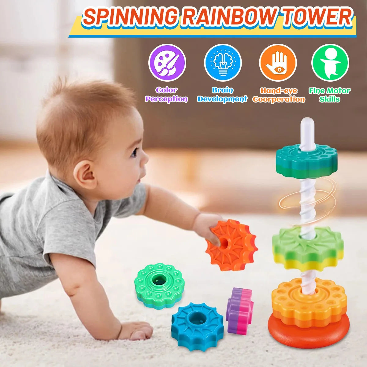Montessori Rotating Rainbow Tower: Stacking Puzzle & Brain Development
