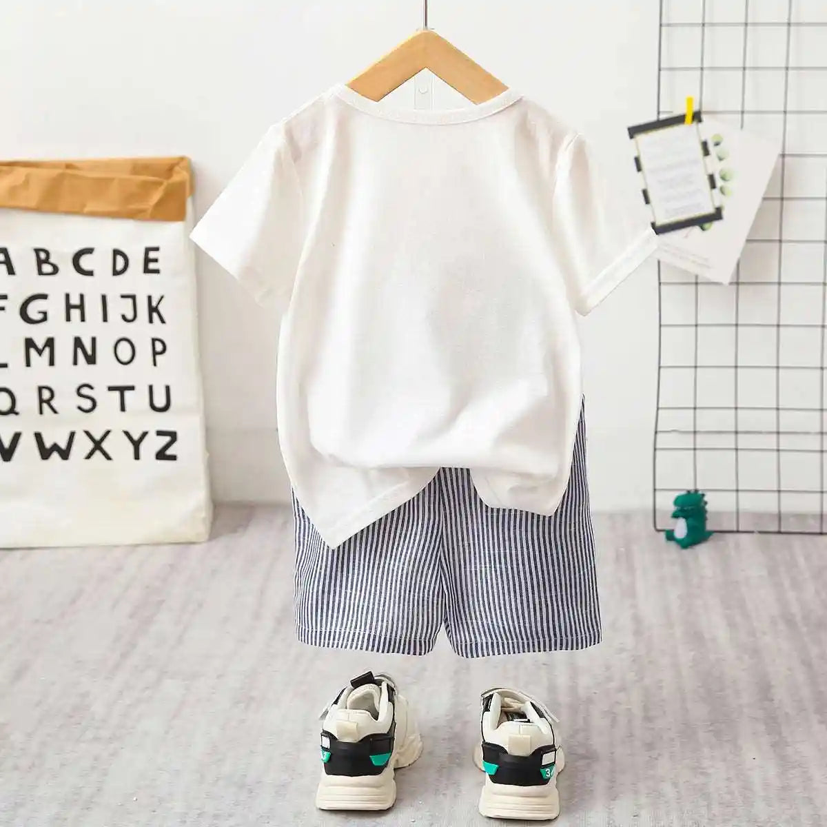 Baby Boy Cartoon Dinosaur Print Short-sleeve T-shirt and Pinstriped Shorts Set - For all baby