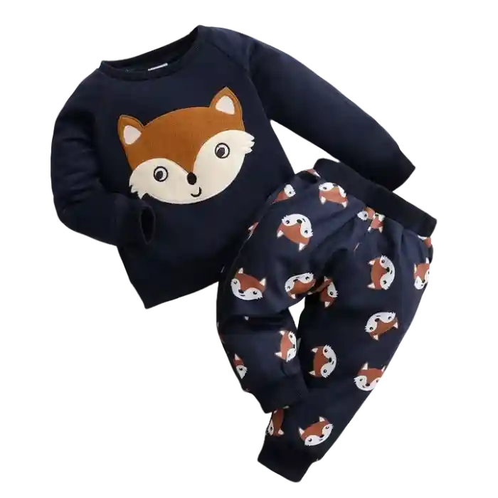 Cartoon Fox Pattern Navy Baby Long-sleeve