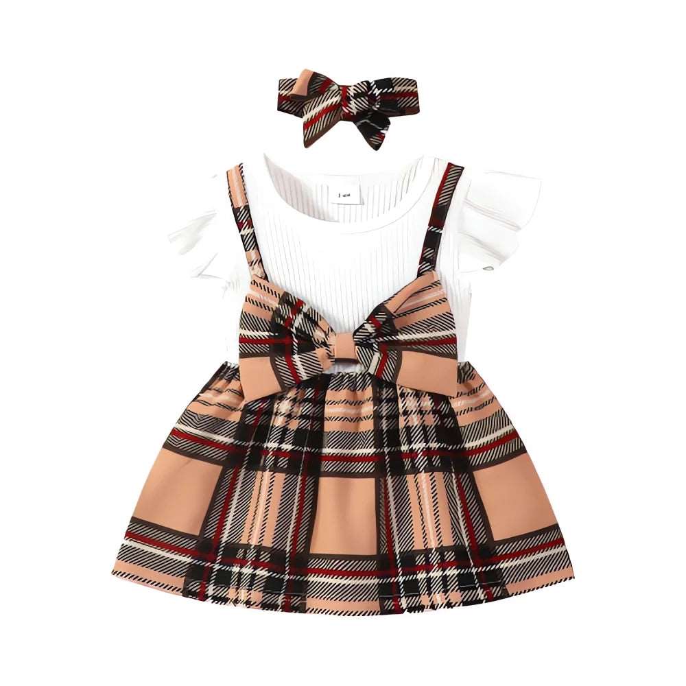 Baby dress with fluttering sleeves and plaid bow