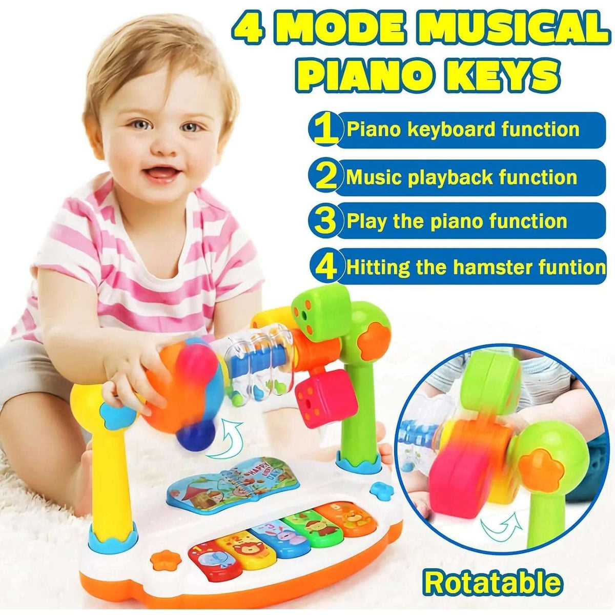 Baby Piano Toys Kids Rotating Music Piano Keyboard with Light Sound - Kids Musical Education